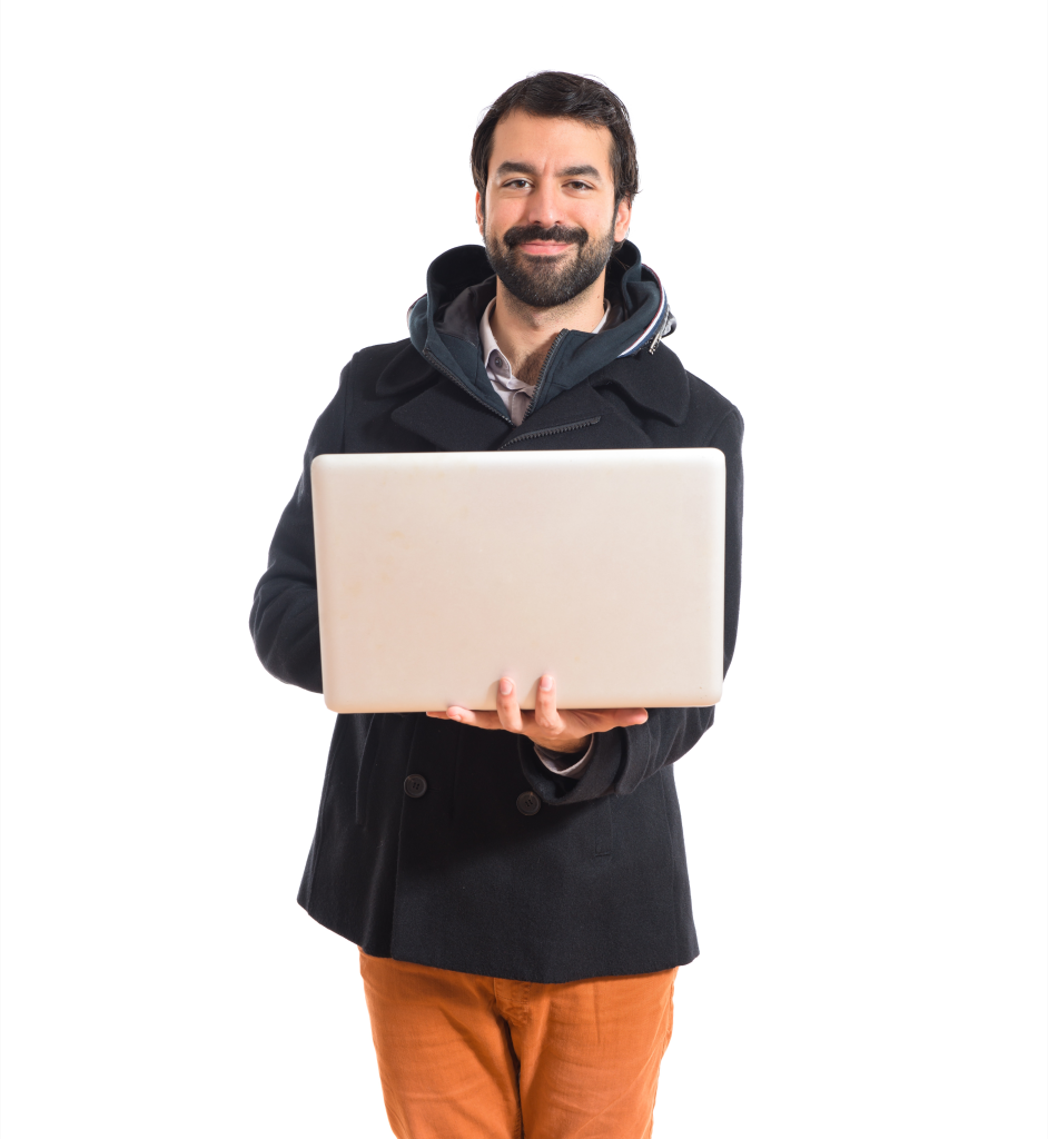 man with laptop white background